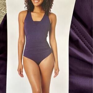 Lands’ End Purple One piece swimsuit size Large Nwt Ruched flattering fit